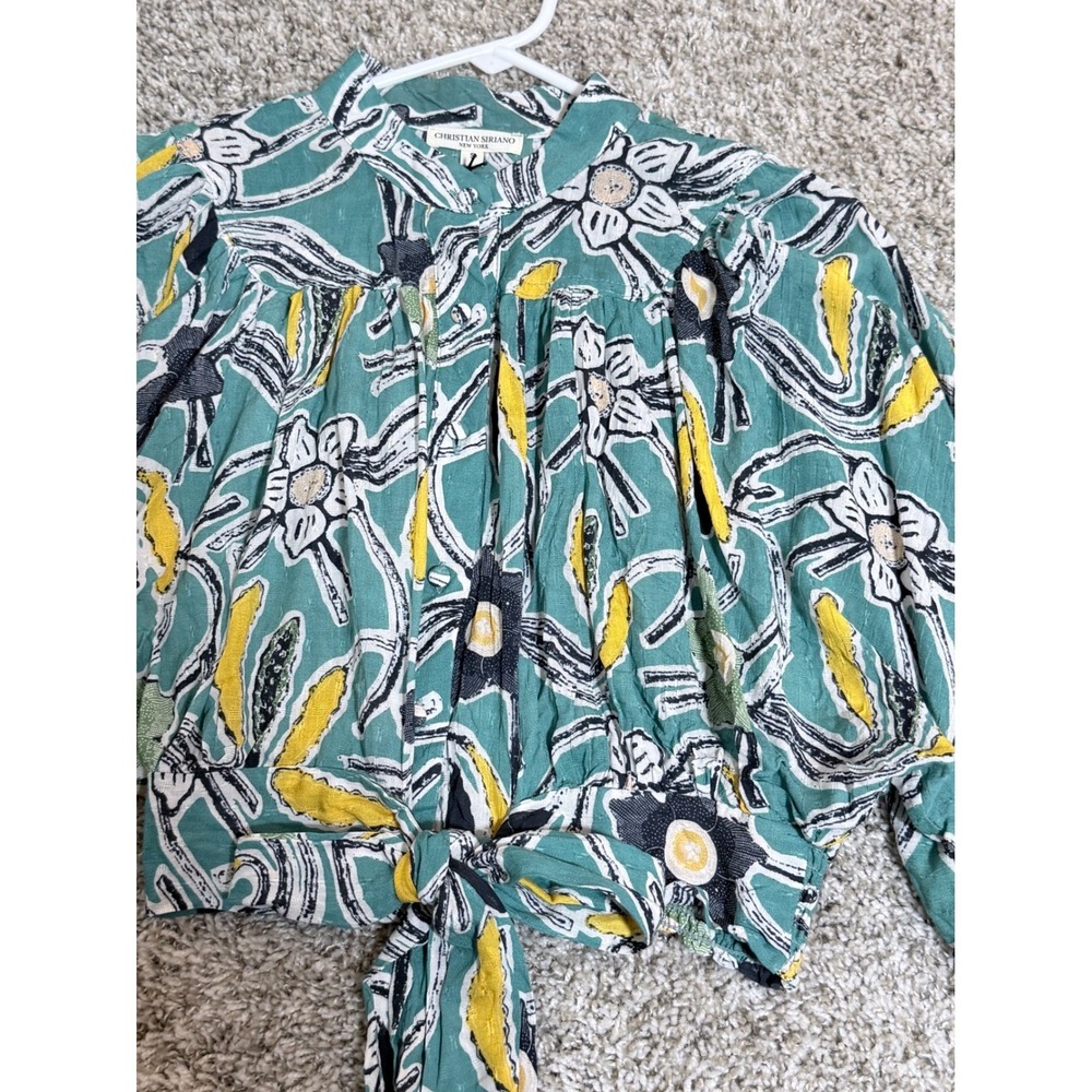 Christian Siriano Blouse Womens Small Green Floral Tie Front Boho Festival NWT - Picture 2 of 10